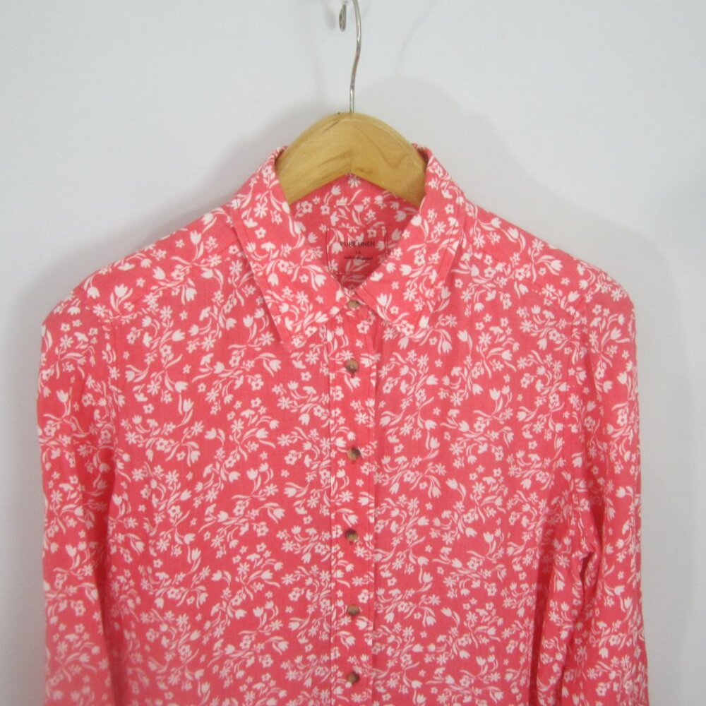 Pure Linen Brand Womens 14 Coral Pink White Floral LS 100% Linen Button Shirt XL